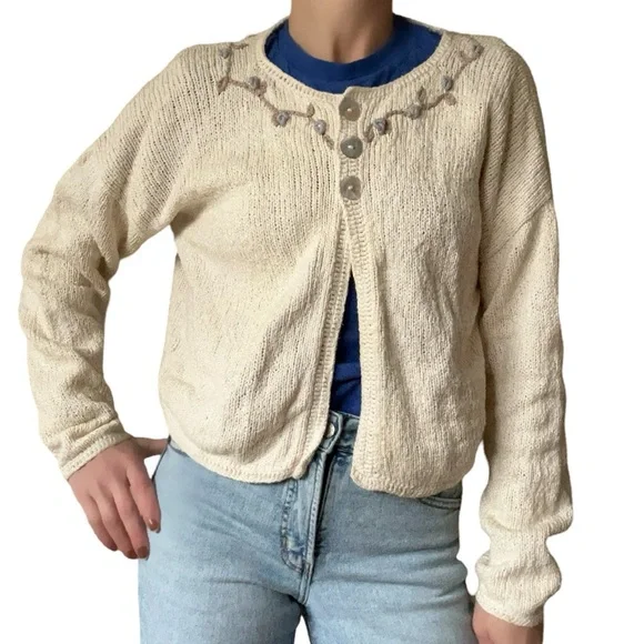 Vtg M. Gibson Peruvian Cream 100% Cotton Embroidered Cardigann Outlander - Picture 3 of 13